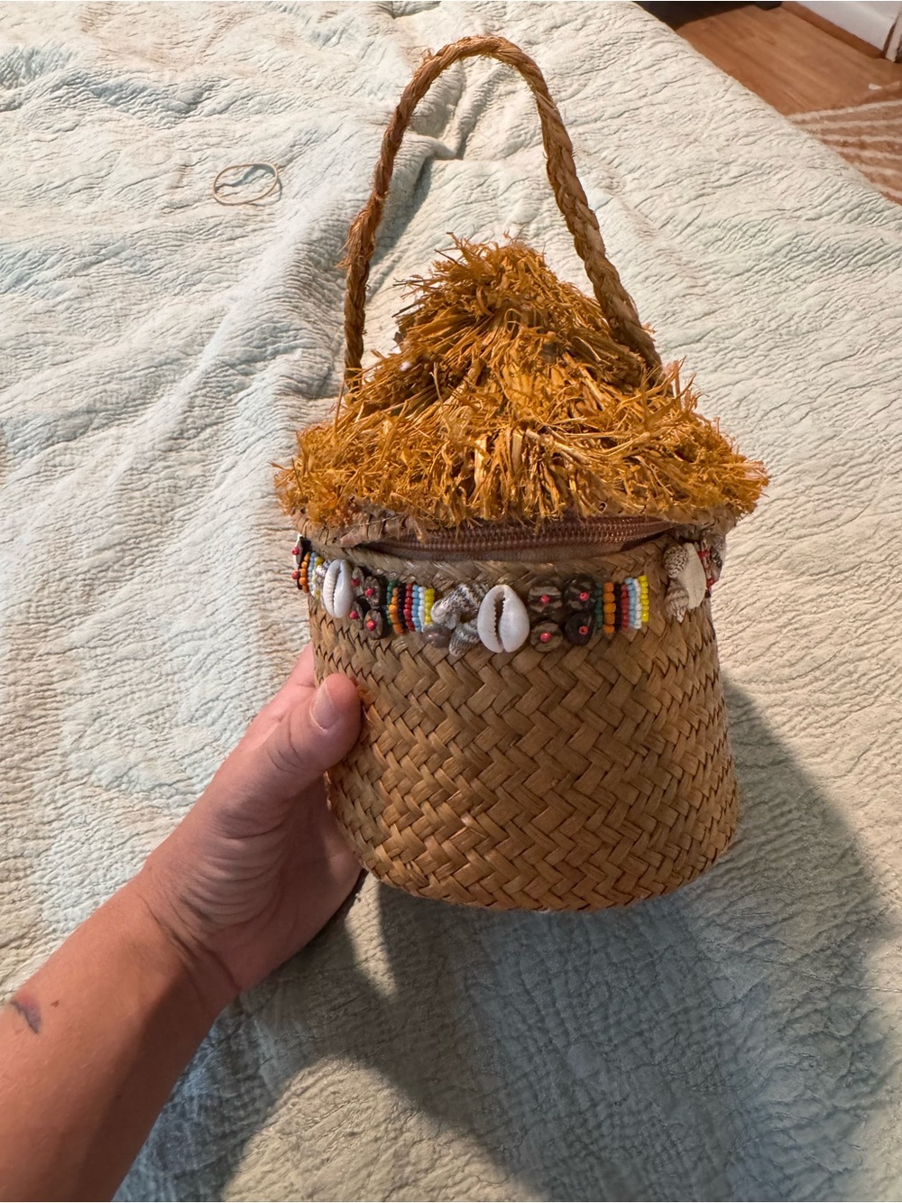 Cappelli Straworld Woven Straw Clutch with Mustard Fringe and Shell Bead Trim